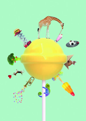 Otsevaade Keskel suur kollane pulgakomm, millel jäätis, kameeleon, pasun, brokoli, kaelkirjak, paberlaevuke hiirega jne